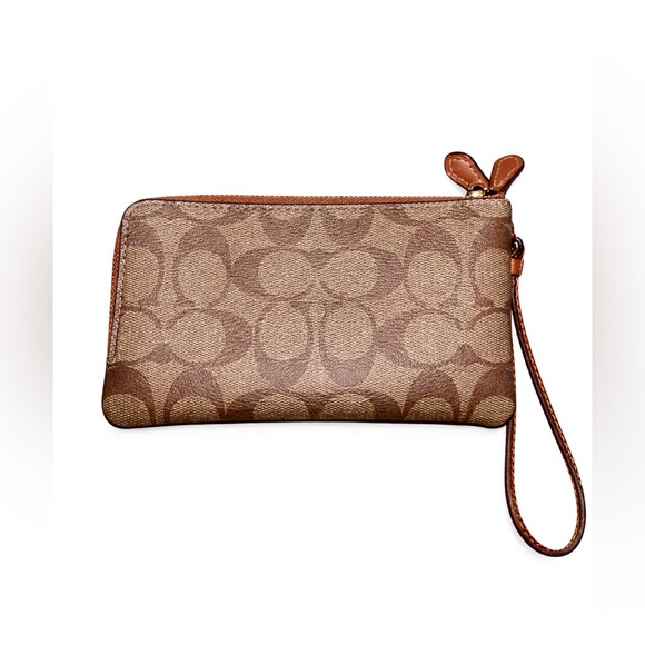 Coach Signature Wristlet Double Zip Brown Khaki Canvas Wallet - Picture 2 of 5